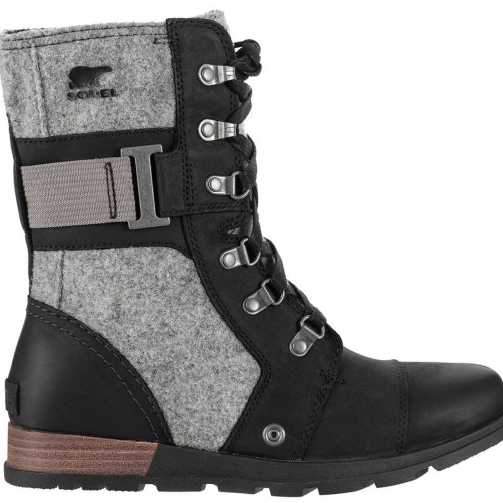 Sorel Major Carly Leather Felt Combat Gray Black Boots Women's Size 10